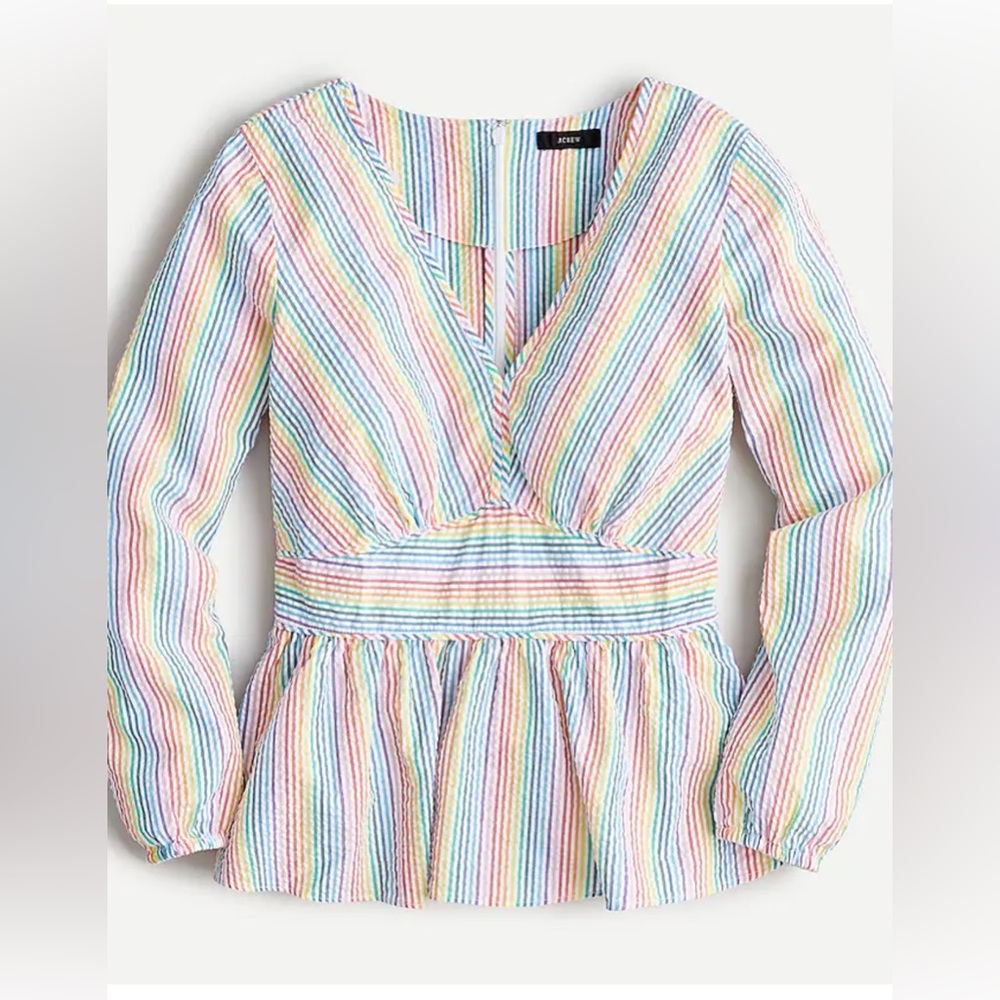 J.Crew V-Neck Peplum Rainbow Seersucker Top XS